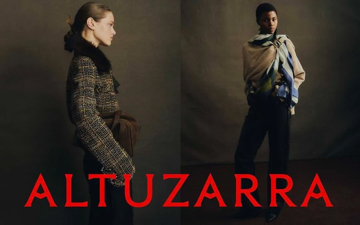 Two models showcasing Altuzarra Fall 2026 fashion wear against a dark textured backdrop with bold red brand typography below.