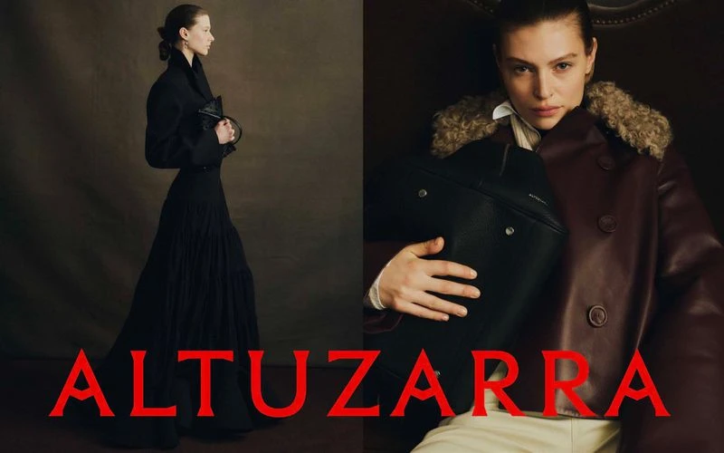 Diptych fashion portrait featuring a model in a dark coat and a close-up holding a black leather bag for Altuzarra Fall 2026.