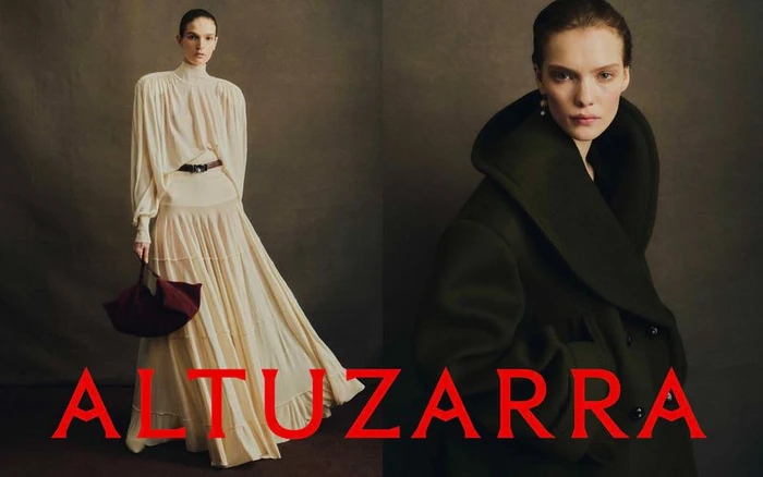 Diptych of a model in a cream high-neck dress holding a dark bag and a close-up in a dark green coat for Altuzarra Fall 2026.