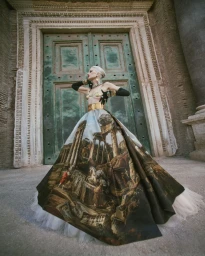 Model Kristen McMenamy wearing a pictorial print ballgown standing in front of large wooden doors for Dolce and Gabbana Alta Moda