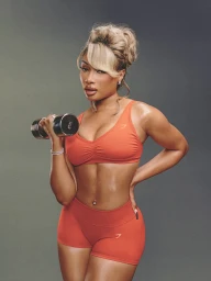 Megan Thee Stallion in an orange sports bra and matching shorts holding a dumbbell against a grey background