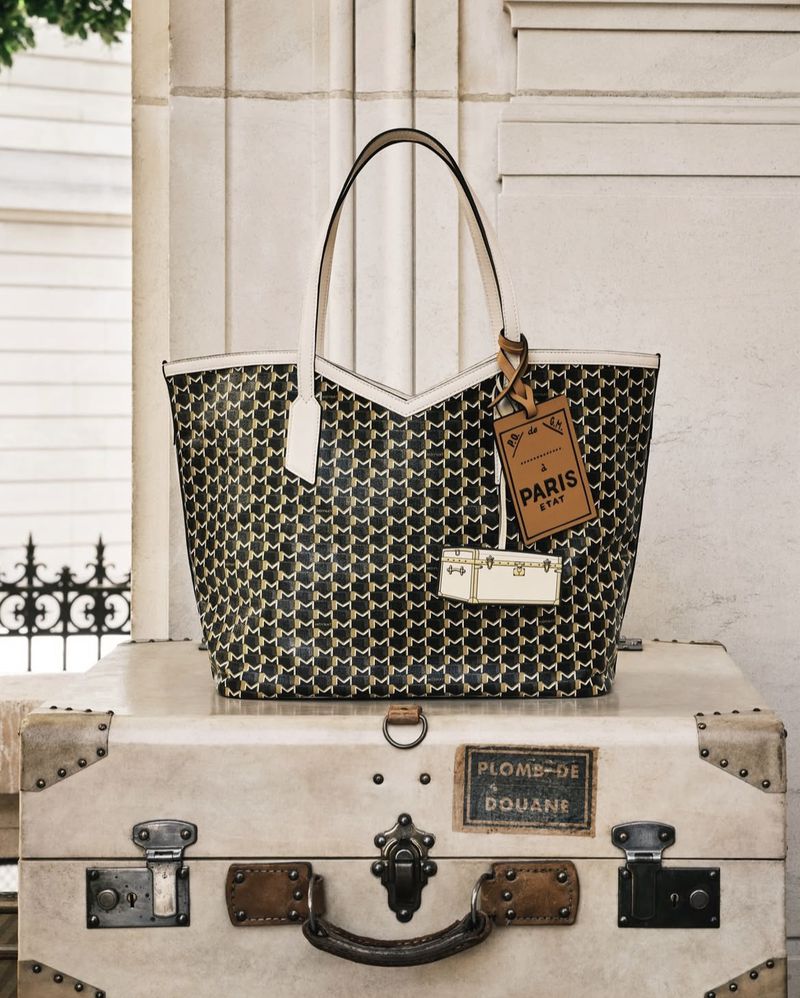 Patterned tote bag with cream handles and a luggage tag detail sitting atop a cream vintage steamer trunk indoors.