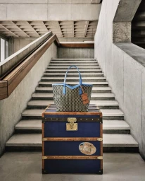 Moynat monogram tote bag with blue trim resting on a blue travel trunk in front of a brutalist concrete staircase.