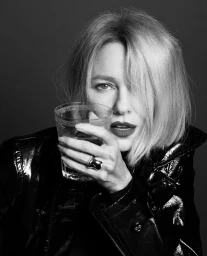 Monochrome portrait of a woman holding a glass of gin, wearing a dark glossy jacket against a neutral backdrop