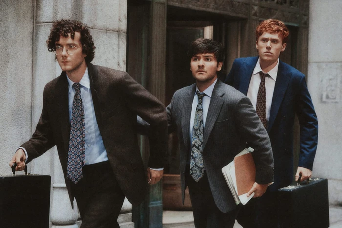 Three men in suits carrying briefcases walking outdoors near a building entrance for J. Crew Fall 2026 campaign.