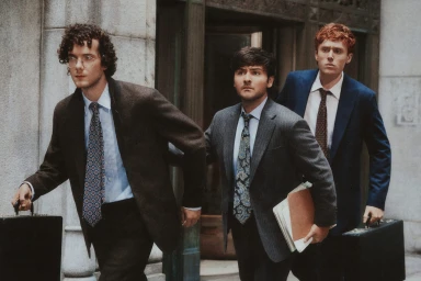 Three men in suits carrying briefcases walking outdoors near a building entrance for J. Crew Fall 2026 campaign.