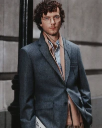 Man with curly brown hair and glasses wearing a grey blazer and tan scarf leaning against a post for J. Crew