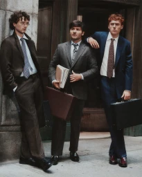 Three men in tailored suits holding briefcases and folders outside a building for the J. Crew Fall 2026 ad campaign.