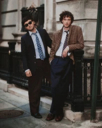 Two men in tailoring and ties standing on a city street for J. Crew Fall 2026 Ad Campaign