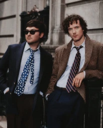 Two men in tailored jackets and neckties standing outdoors against a classic stone building exterior.