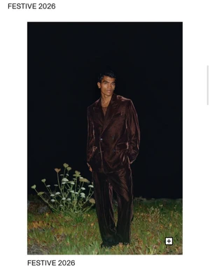 Man wearing a brown velvet suit standing outdoors at night beside small white wildflowers
