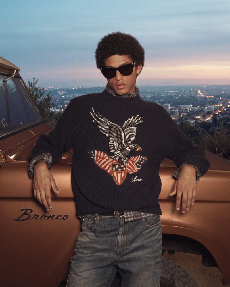 Model leaning on a brown car wearing an eagle-patterned sweater and denim jeans against a city dusk skyline background.