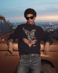 Model leaning on a brown car wearing an eagle-patterned sweater and denim jeans against a city dusk skyline background.