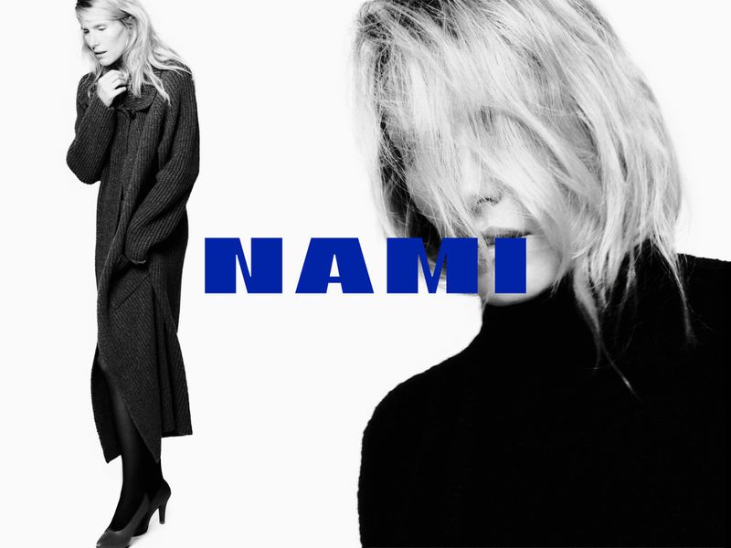 Dree Hemingway in a long dark coat and a close-up portrait with bold blue Nami typography against a white background
