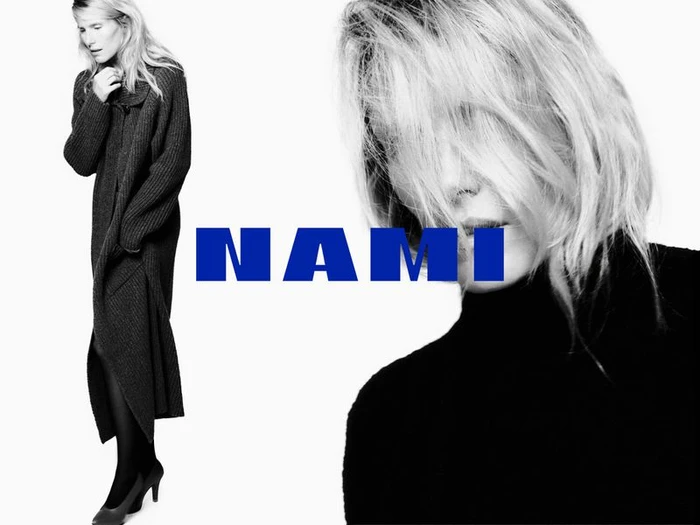 Dree Hemingway in a long dark coat and a close-up portrait with bold blue Nami typography against a white background