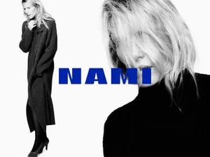 Dree Hemingway in a long dark coat and a close-up portrait with bold blue Nami typography against a white background
