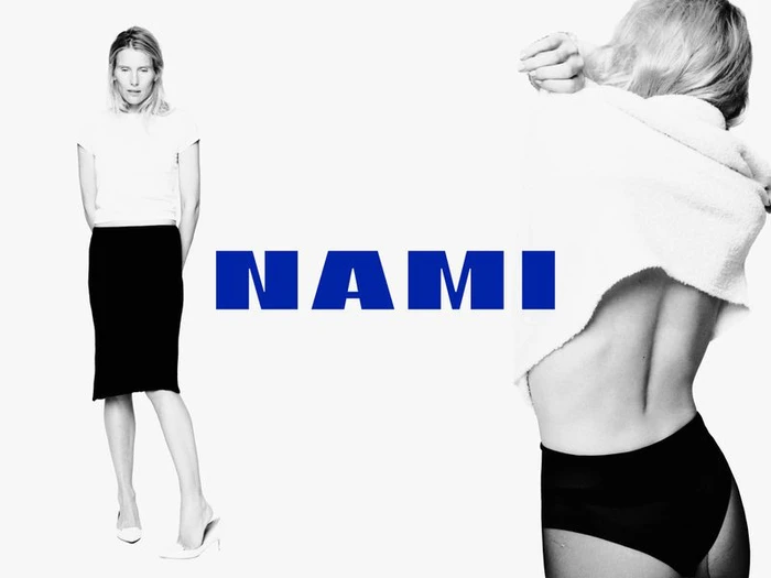 Dree Hemingway in a white t-shirt and black skirt alongside a close-up back view against a white background for Nami.