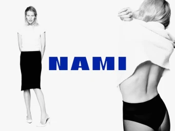 Dree Hemingway in a white t-shirt and black skirt alongside a close-up back view against a white background for Nami.