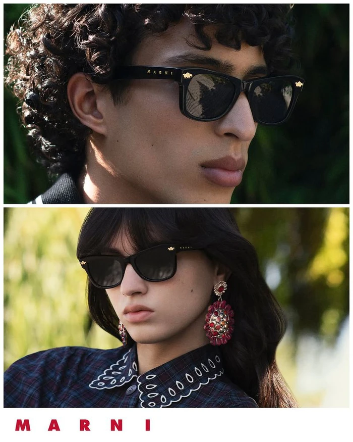 Close-up split image of a man and a woman wearing Marni black sunglasses outdoors with natural green foliage in the background.