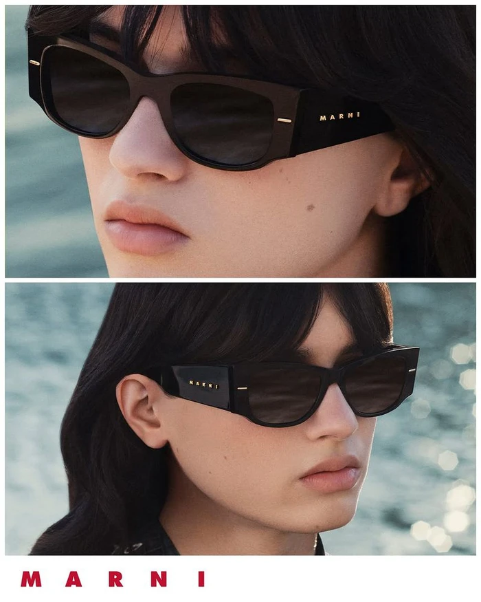 Close-up split image of a model wearing black Marni sunglasses with gold branding against a shimmering water background.