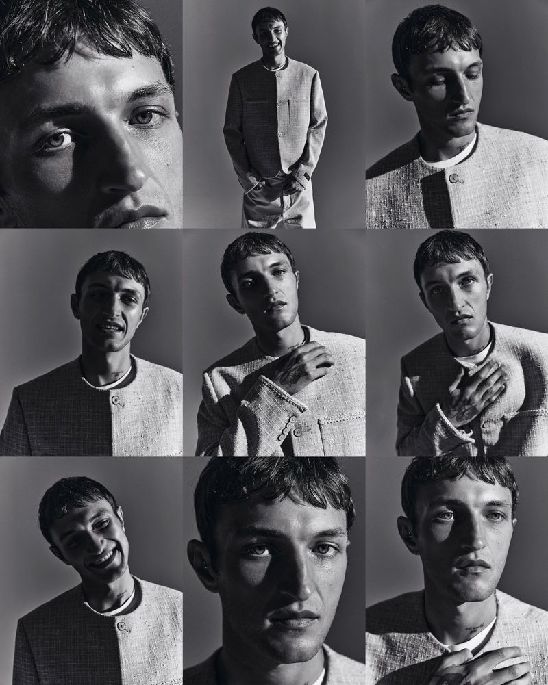 Anwar Hadid in a grid of monochrome portrait panels wearing a textured light jacket against a grey background.