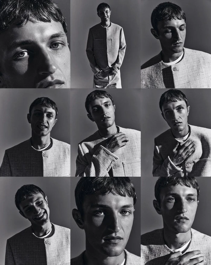 Anwar Hadid in a grid of monochrome portrait panels wearing a textured light jacket against a grey background.