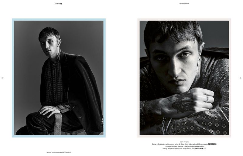 Anwar Hadid in a dark velvet jacket and patterned shirt against a plain studio background for Archives Futures.