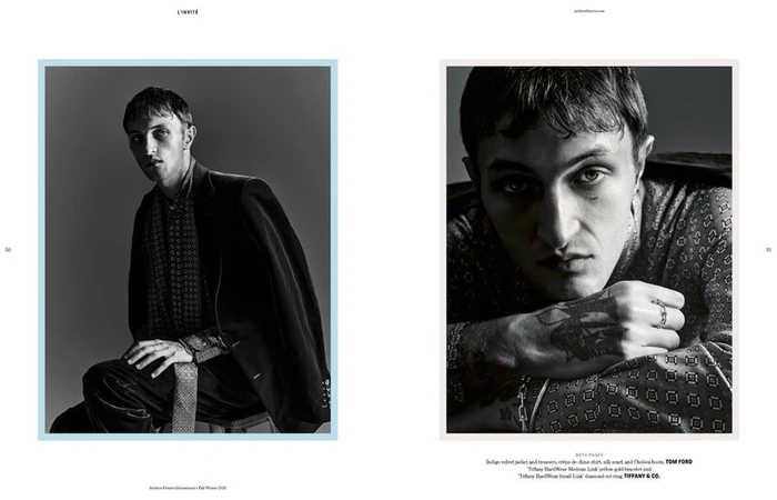 Anwar Hadid in a dark velvet jacket and patterned shirt against a plain studio background for Archives Futures.