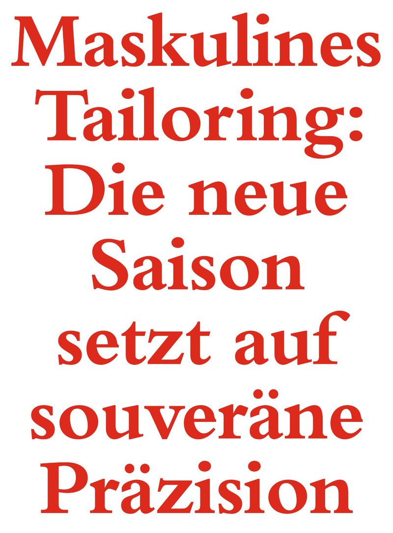 Bold red editorial typography on a plain white background reading Maskulines Tailoring text for Harpers Bazaar Germany.