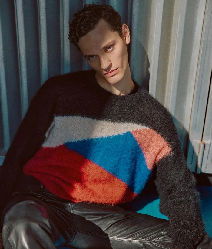 Model Slava Sikorski wearing a colour-blocked sweater in Built to Bloom for Esquire Spain shot by Cristian Hunter