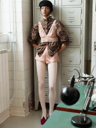 Model in patterned blouse, pink lace camisole, shorts, and veiled cap posing against lockers for D Repubblica.