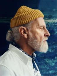 Profile portrait of an elderly man with white beard wearing a yellow ribbed beanie and white shirt against a blue backdrop