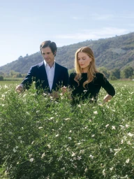 Margot Robbie and Jacob Elordi standing among white flowering bushes in a sunny field with distant hills under a clear sky.