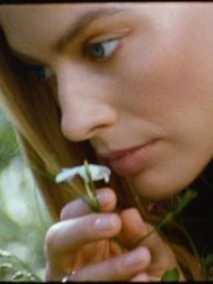 Close-up portrait of a woman smelling a small white flower, featuring visible film grain and natural lighting.