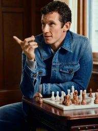 Man wearing a denim jacket seated at a wooden table playing chess with white and brown pieces.