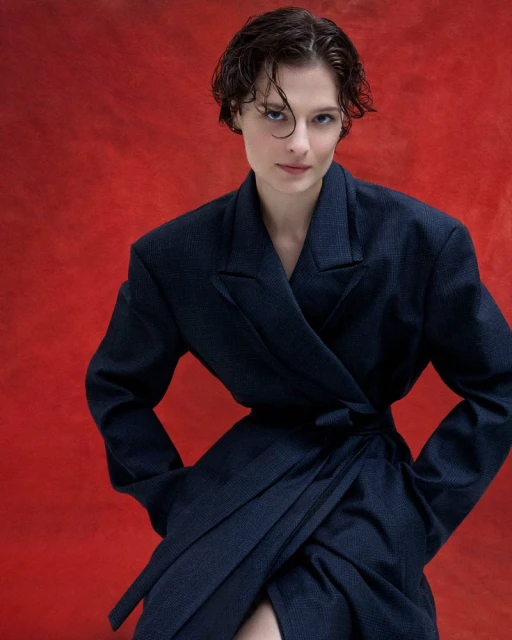 Woman with short dark hair poses in a wrap-style blue blazer against a textured red backdrop in a studio portrait.