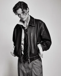 Model wearing an oversized black leather jacket, striped tie, and grey pleated trousers against a neutral studio backdrop.
