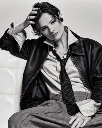 Portrait of a person with short dark hair wearing a leather jacket, collared shirt, striped tie, and grey trousers against a plain background