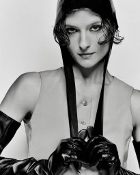 Portrait of a woman wearing a dark cap, glossy gloves, and a buttoned top against a light background.