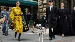 Models in Gucci fall campaign walking on a New York City sidewalk with a dalmatian dog.