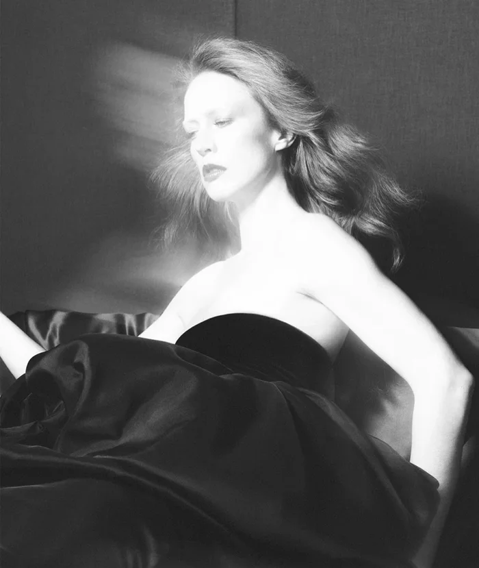 Raquel Zimmermann in a black strapless gown for Khaite Fall-Winter 2026 campaign, photographed by David Sims