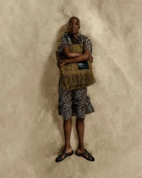Model lying on light sand wearing a leopard print dress and buckled sandals while holding a fringed woven tote bag.