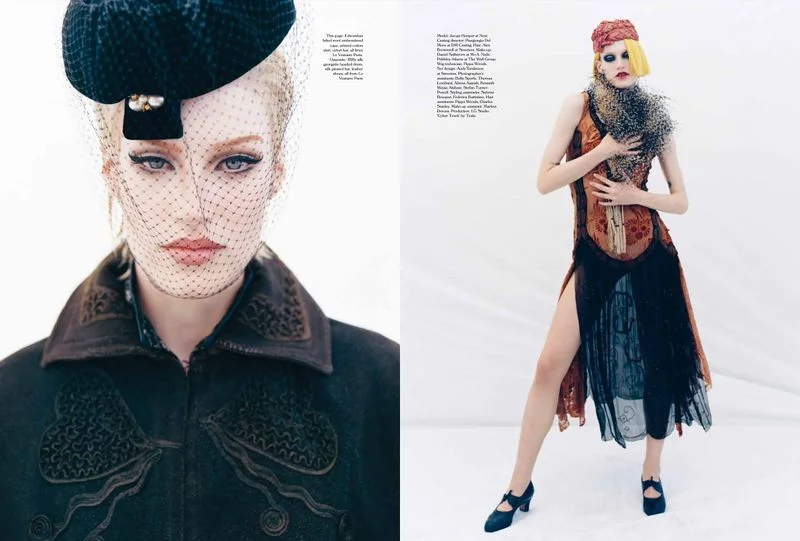 Model in black coat with dark veil hat alongside full-length shot holding dried florals for More or Less Magazine editorial.