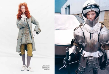 Diptych editorial image featuring a model in historic period attire on the left and in full metal plate armor on the right.