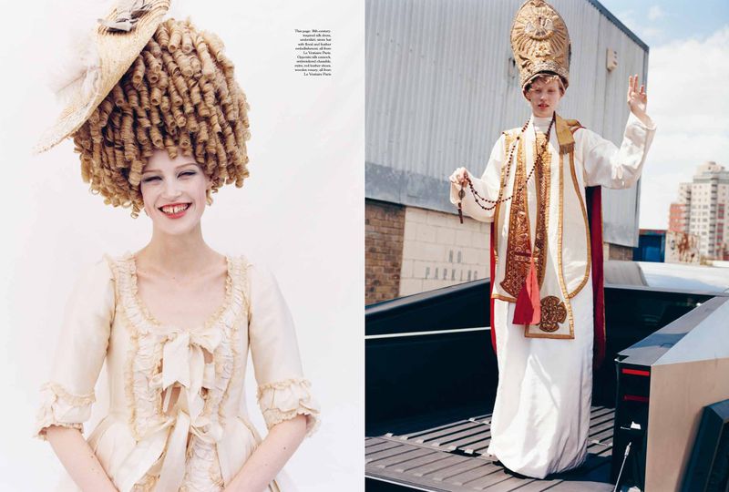 Editorial spread with two images showing a model in period costume and elaborate historical wig, and in papal vestments.