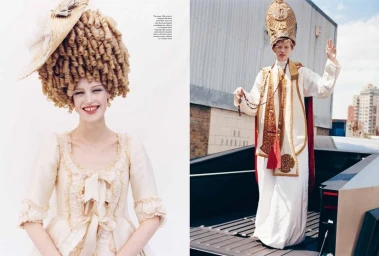 Editorial spread with two images showing a model in period costume and elaborate historical wig, and in papal vestments.