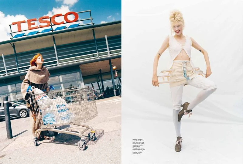 Editorial spread with two photos: left shows a woman with a shopping cart outside Tesco; right shows a model posing against a white background.