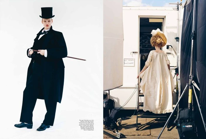 Model in Victorian-style black tailcoat and top hat holding a cane against a white background, beside a behind-the-scenes shot.