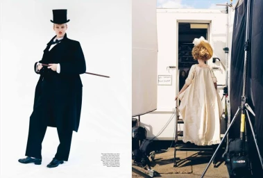 Model in Victorian-style black tailcoat and top hat holding a cane against a white background, beside a behind-the-scenes shot.