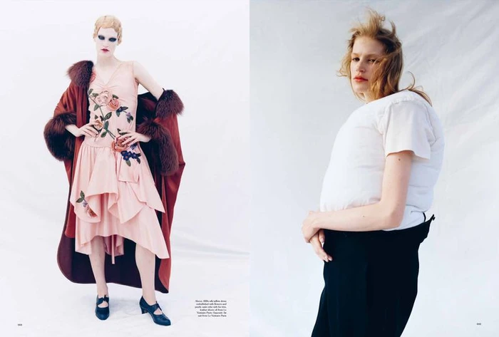 Two fashion models posing against a white seamless background for More or Less Magazine